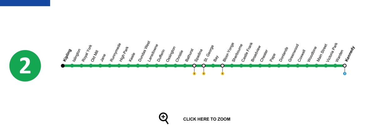 ನಕ್ಷೆ ಟೊರೊಂಟೊ ಸಬ್ವೇ ಲೈನ್ 2 Bloor-Danforth