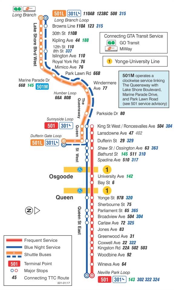 ನಕ್ಷೆ streetcar ಲೈನ್ 501 ರಾಣಿ