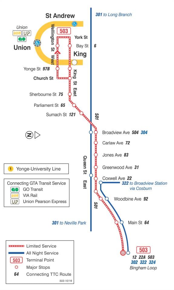 ನಕ್ಷೆ streetcar ಲೈನ್ 503 ಕಿಂಗ್ಸ್ಟನ್ ರಸ್ತೆ
