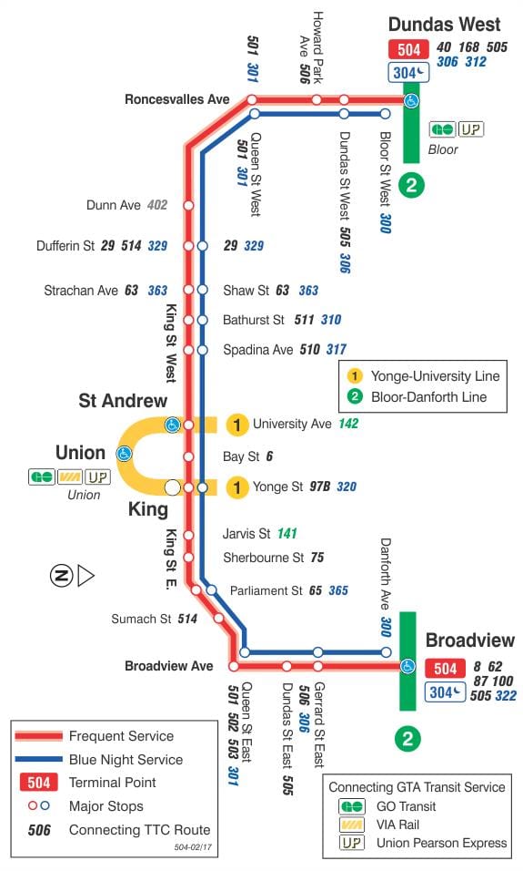 ನಕ್ಷೆ streetcar ಲೈನ್ 504 ಕಿಂಗ್
