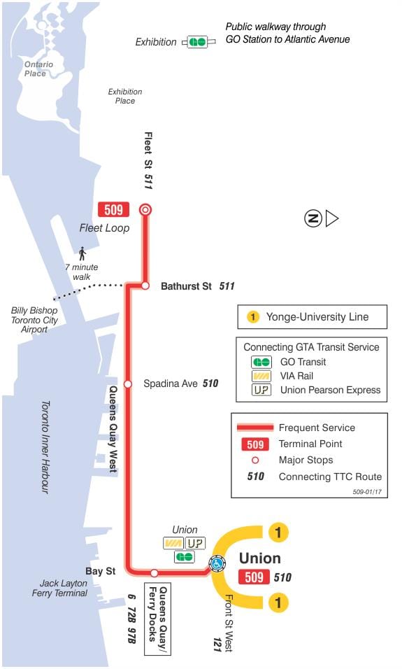 ನಕ್ಷೆ streetcar ಲೈನ್ 509 Harbourfront