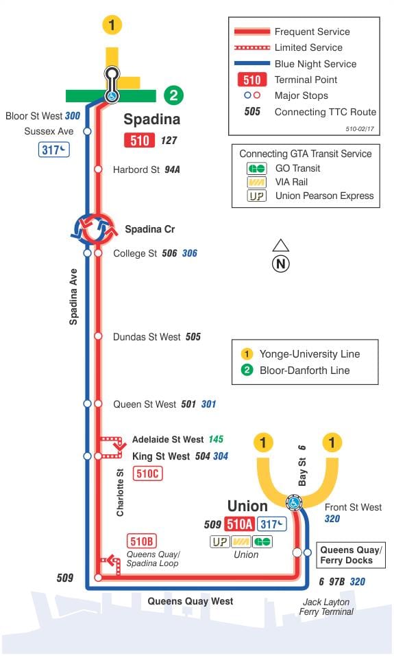 ನಕ್ಷೆ streetcar ಲೈನ್ 510 Spadina