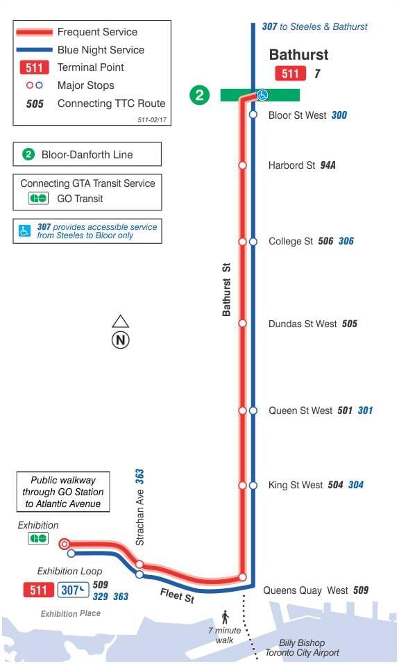 ನಕ್ಷೆ streetcar ಲೈನ್ 511 Bathurst