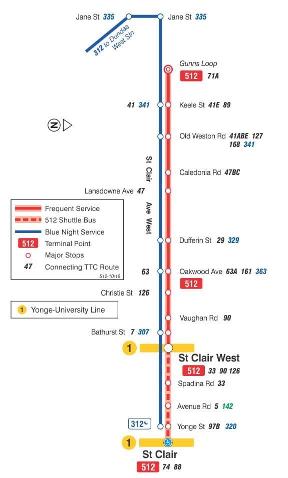 ನಕ್ಷೆ streetcar ಲೈನ್ 512 ಸೇಂಟ್ ಕ್ಲೇರ್