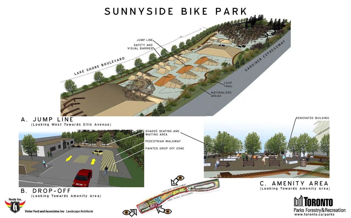 ನಕ್ಷೆ Sunnyside ಬೈಕ್ ಪಾರ್ಕ್ ಟೊರೊಂಟೊ ಲೈನ್ ನೆಗೆಯುವುದನ್ನು