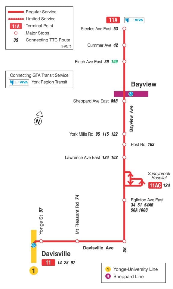 ನಕ್ಷೆ TTC 11 Bayview ಬಸ್ ಮಾರ್ಗ ಟೊರೊಂಟೊ