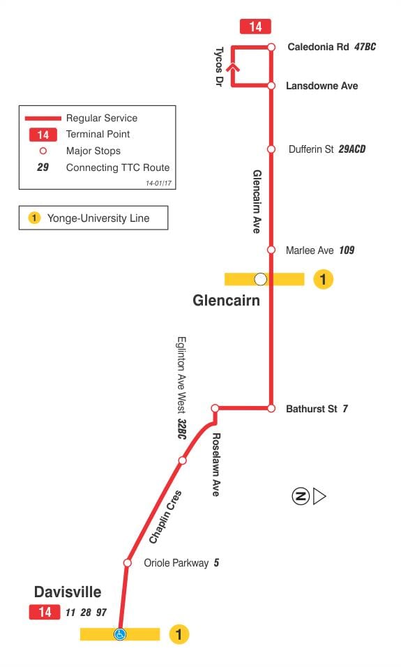 ನಕ್ಷೆ TTC 14 Glencairn ಬಸ್ ಮಾರ್ಗ ಟೊರೊಂಟೊ