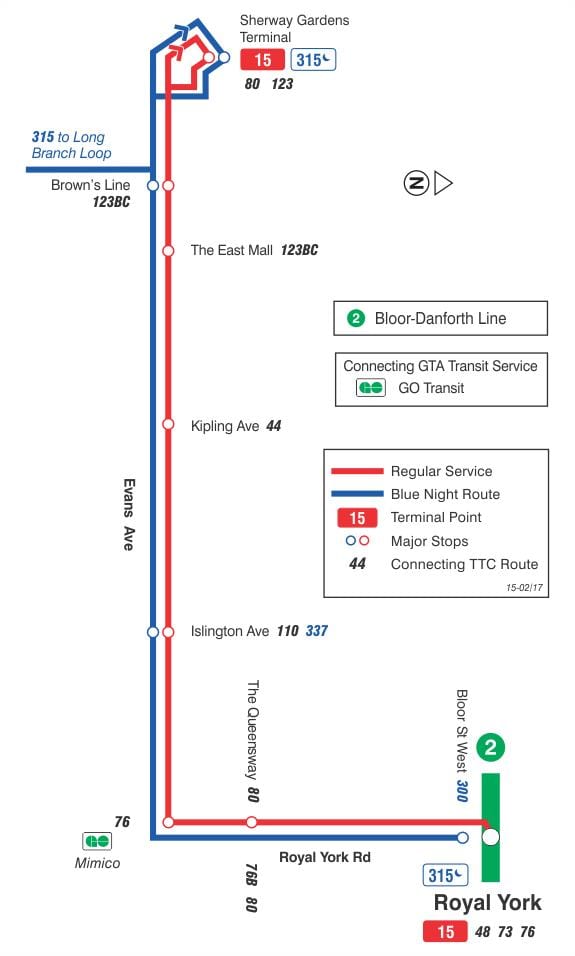 ನಕ್ಷೆ TTC 15 ಇವಾನ್ಸ್ ಬಸ್ ಮಾರ್ಗ ಟೊರೊಂಟೊ