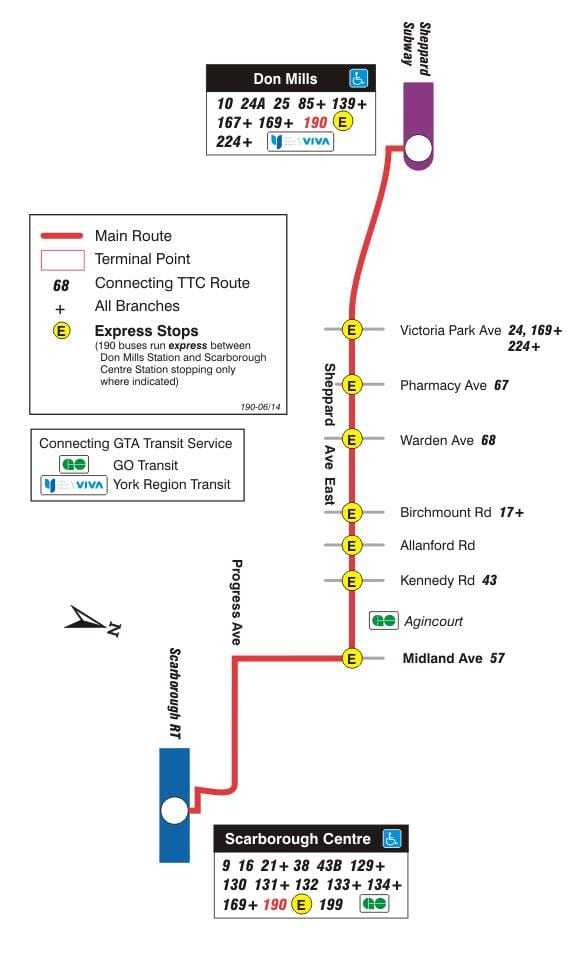 ನಕ್ಷೆ TTC 190 Scarborough ಕೇಂದ್ರ ರಾಕೆಟ್ ಬಸ್ ಮಾರ್ಗ ಟೊರೊಂಟೊ
