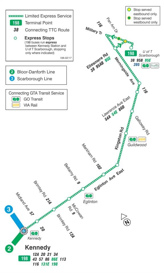 ನಕ್ಷೆ TTC 198 ಯು ಟಿ Scarborough ರಾಕೆಟ್ ಬಸ್ ಮಾರ್ಗ ಟೊರೊಂಟೊ