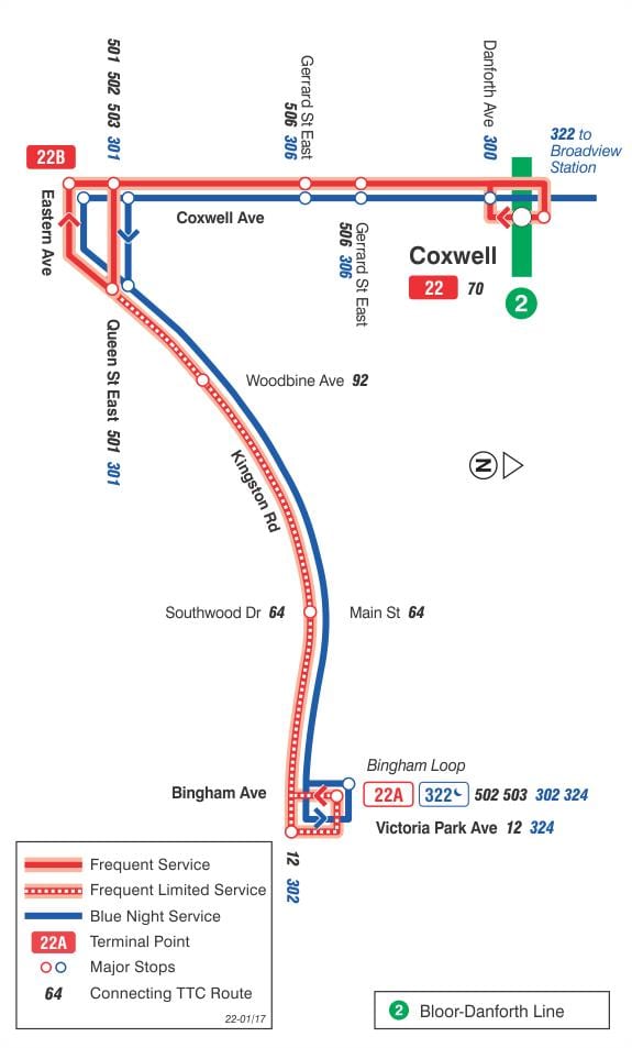 ನಕ್ಷೆ TTC 22 Coxwell ಬಸ್ ಮಾರ್ಗ ಟೊರೊಂಟೊ