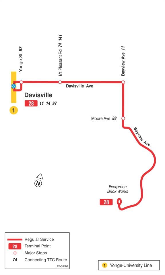 ನಕ್ಷೆ TTC 28 Bayview ದಕ್ಷಿಣ ಬಸ್ ಮಾರ್ಗ ಟೊರೊಂಟೊ