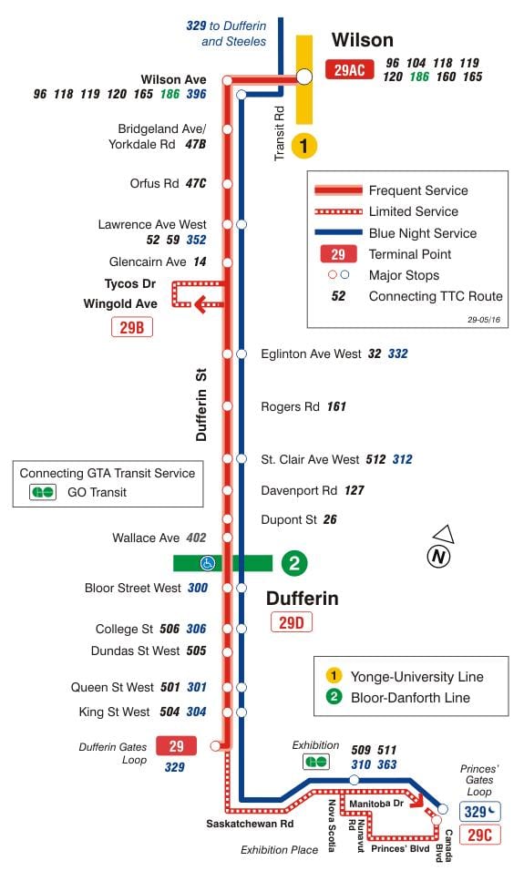 ನಕ್ಷೆ TTC 29 Dufferin ಬಸ್ ಮಾರ್ಗ ಟೊರೊಂಟೊ