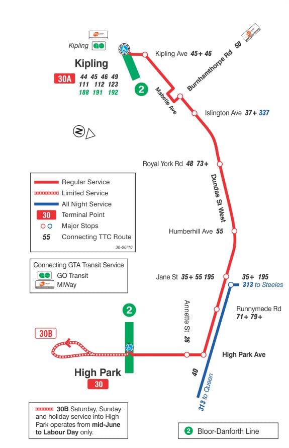 ನಕ್ಷೆ TTC 30 Lambton ಬಸ್ ಮಾರ್ಗ ಟೊರೊಂಟೊ