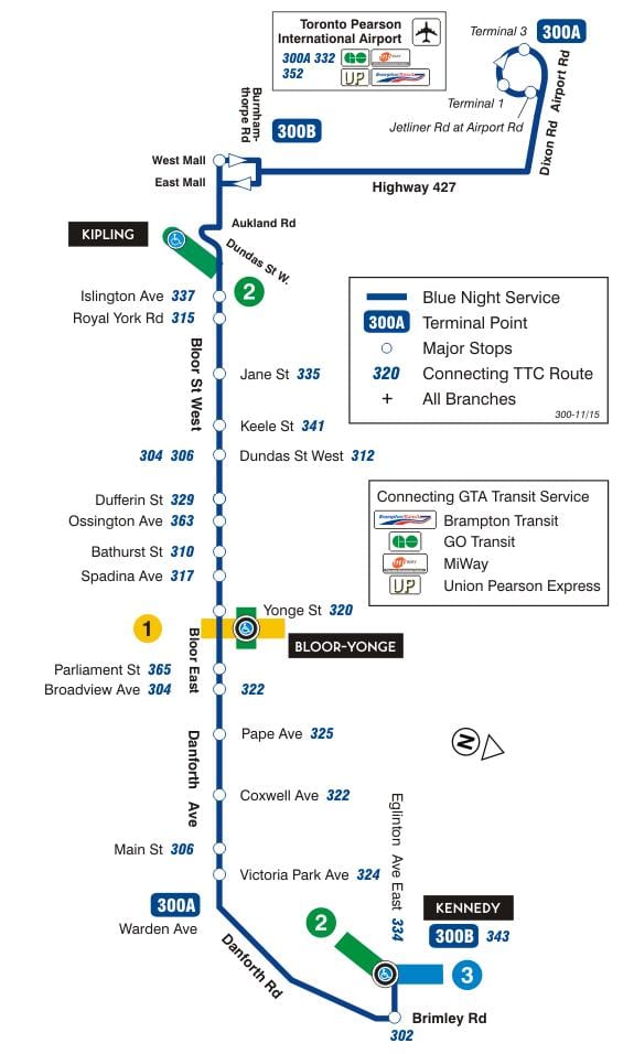 ನಕ್ಷೆ TTC 300A Bloor-Danforth ಬಸ್ ಮಾರ್ಗ ಟೊರೊಂಟೊ