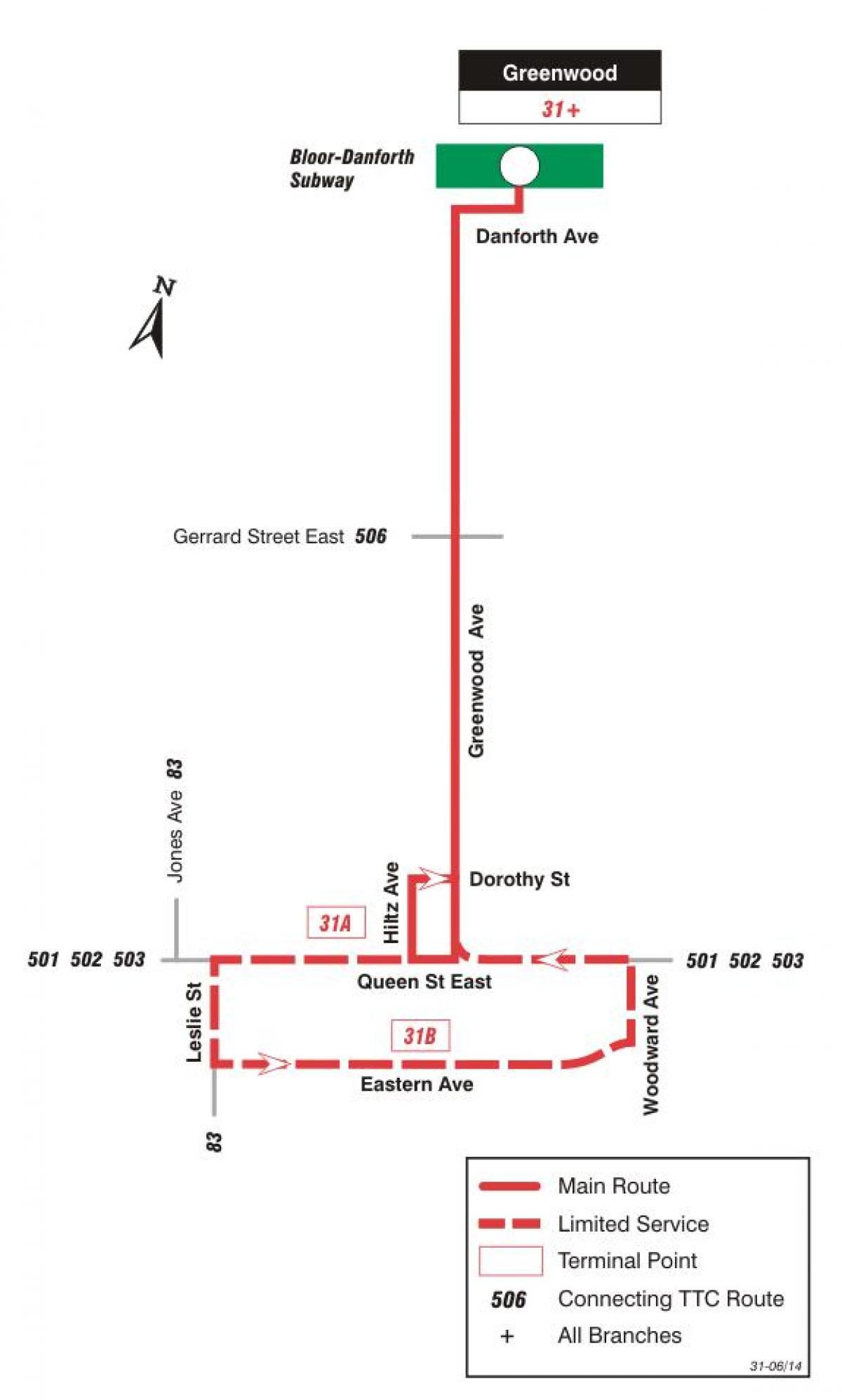 ನಕ್ಷೆ TTC 31 ಗ್ರೀನ್ವುಡ್ ಬಸ್ ಮಾರ್ಗ ಟೊರೊಂಟೊ