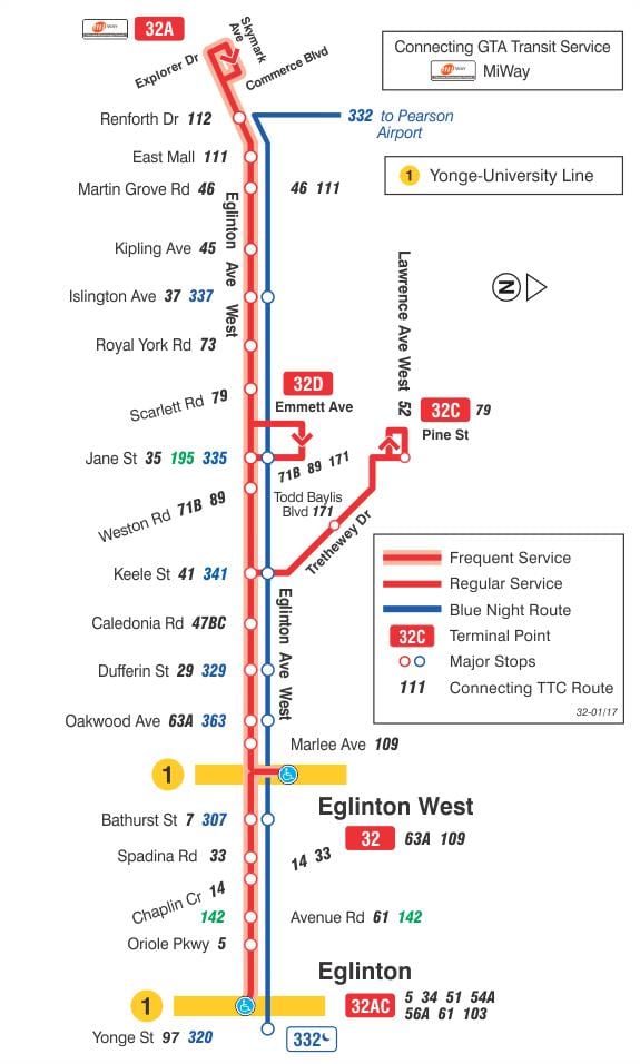 ನಕ್ಷೆ TTC 32 Eglinton ವೆಸ್ಟ್ ಬಸ್ ಮಾರ್ಗ ಟೊರೊಂಟೊ