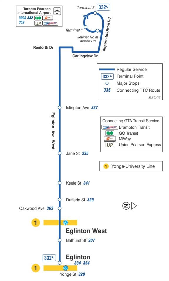 ನಕ್ಷೆ TTC 332 Eglinton ವೆಸ್ಟ್ ಬಸ್ ಮಾರ್ಗ ಟೊರೊಂಟೊ