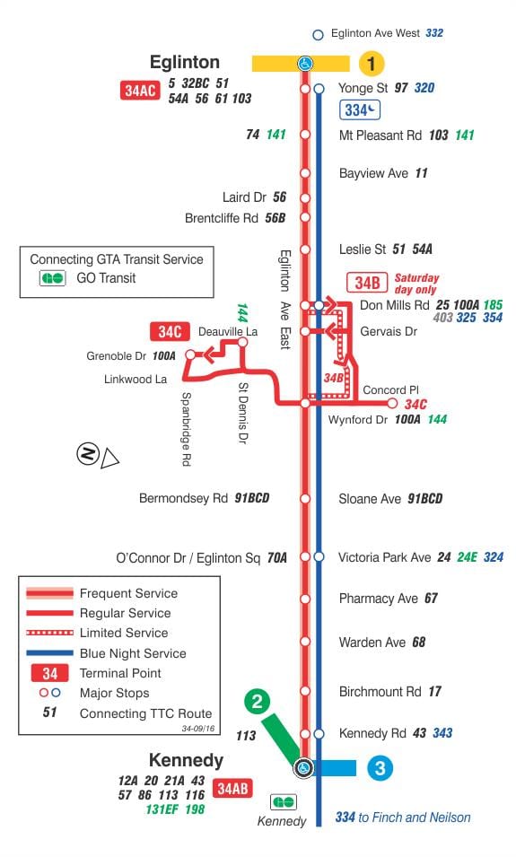 ನಕ್ಷೆ TTC 34 Eglinton ಪೂರ್ವ ಬಸ್ ಮಾರ್ಗ ಟೊರೊಂಟೊ