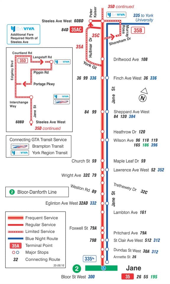 ನಕ್ಷೆ TTC 35 ಜೇನ್ ಬಸ್ ಮಾರ್ಗ ಟೊರೊಂಟೊ