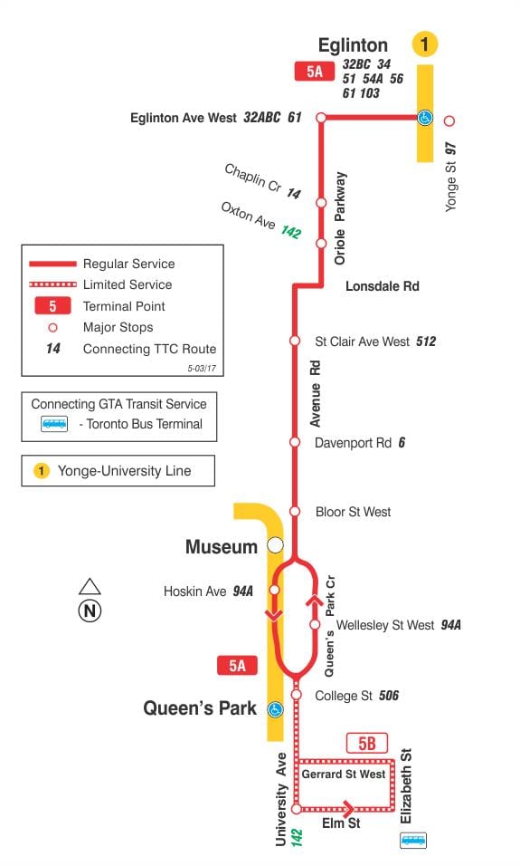 ನಕ್ಷೆ TTC 5 ಅವೆನ್ಯೂ Rd ಬಸ್ ಮಾರ್ಗ ಟೊರೊಂಟೊ