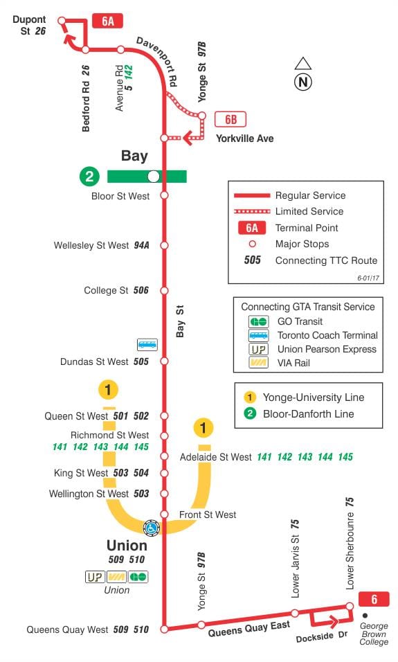 ನಕ್ಷೆ TTC 6 ಬೇ, ಬಸ್ ಮಾರ್ಗ ಟೊರೊಂಟೊ