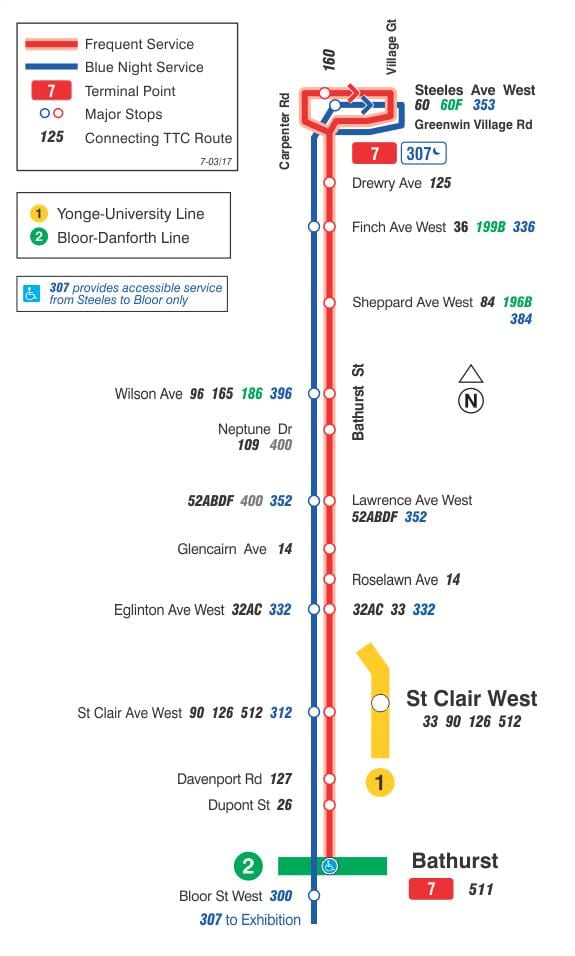 ನಕ್ಷೆ TTC 7 Bathurst ಬಸ್ ಮಾರ್ಗ ಟೊರೊಂಟೊ