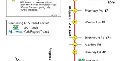 ನಕ್ಷೆ TTC 190 Scarborough ಕೇಂದ್ರ ರಾಕೆಟ್ ಬಸ್ ಮಾರ್ಗ ಟೊರೊಂಟೊ