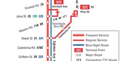 ನಕ್ಷೆ TTC 32 Eglinton ವೆಸ್ಟ್ ಬಸ್ ಮಾರ್ಗ ಟೊರೊಂಟೊ
