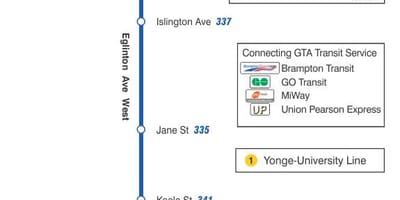 ನಕ್ಷೆ TTC 332 Eglinton ವೆಸ್ಟ್ ಬಸ್ ಮಾರ್ಗ ಟೊರೊಂಟೊ