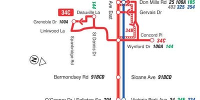 ನಕ್ಷೆ TTC 34 Eglinton ಪೂರ್ವ ಬಸ್ ಮಾರ್ಗ ಟೊರೊಂಟೊ